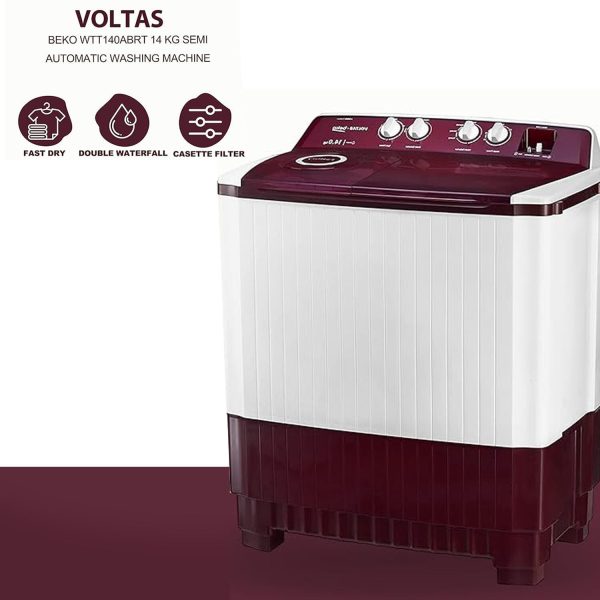 Voltas Beko WTT140ABRT, 14 KG Semi Automatic Machine with Fast Dry System and Double Cascade System, Burgandy