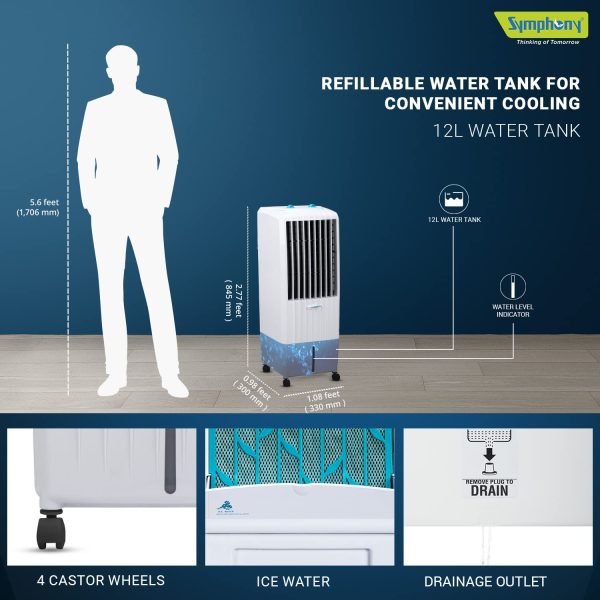 Symphony Diet 12T Air Cooler with Honeycomb Pad & Inverter Compatibility, White