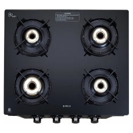Elica 4 Burner Stove with Crown Pan Support and Forged Brass Burner, Black, CREST 460J NERO
