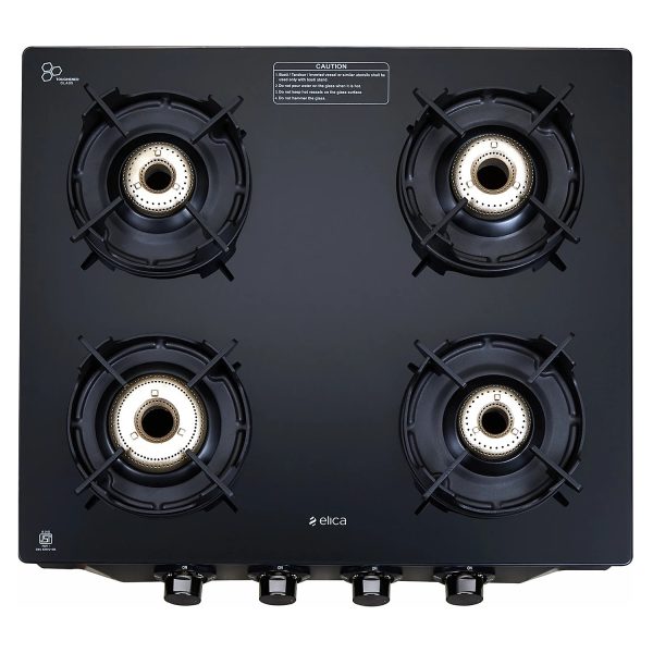 Elica 4 Burner Stove with Crown Pan Support and Forged Brass Burner, Black, CREST 460J NERO