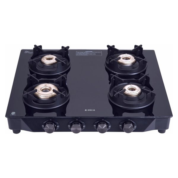 Elica 4 Burner Stove with Crown Pan Support and Forged Brass Burner, Black, CREST 460J NERO