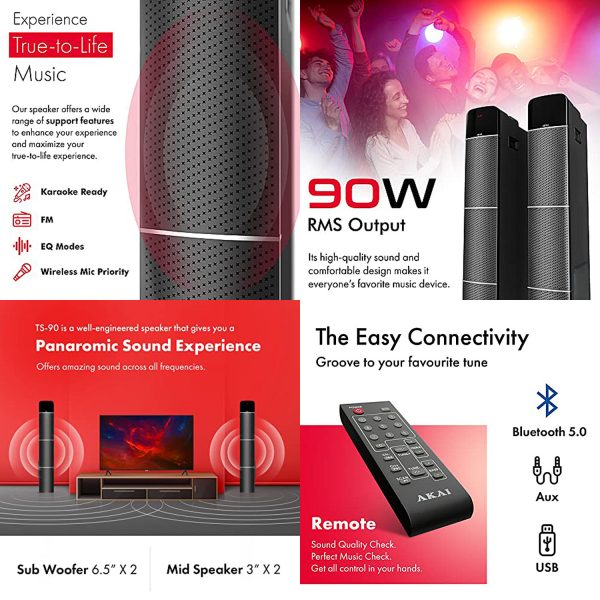Akai TS-90, 90 Watts Wireless Bluetooth Dual Tower Speaker with Wireless Mic, Black