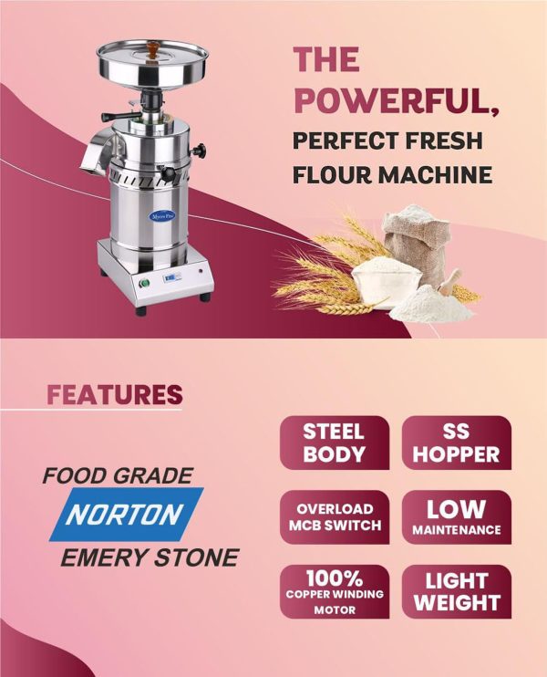 Mycrofine Flour Mill with Stainless Steel Body with 6-8 KG Grinding with 100% Copper Winding Motor, Steel, BABY GRINDER