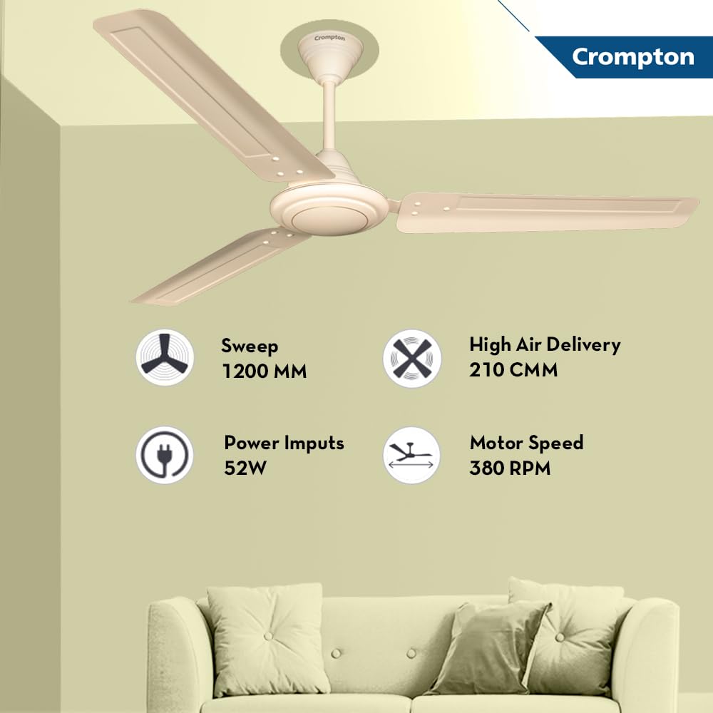 Crompton 1200MM (48 Inch) Ceiling fan with Anti Rust and High Velocity, Ivory, ARIYA BRIZ Crompton 1200MM (48 Inch) Ceiling fan with Anti Rust and High Velocity, Ivory, ARIYA BRIZ
