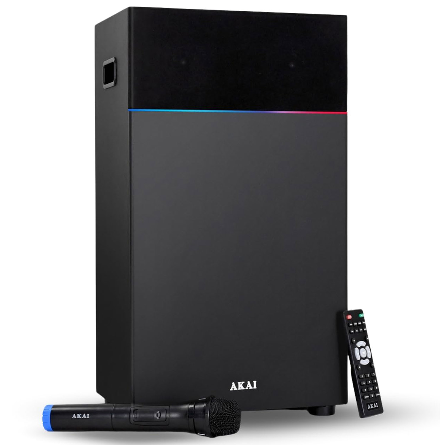 Akai 80 Watt Bluetooth Party Speaker with Wireless Mic and Multi-Color LED Light, Black, PM80B Akai 80 Watt Bluetooth Party Speaker with Wireless Mic and Multi-Color LED Light, Black, PM80B