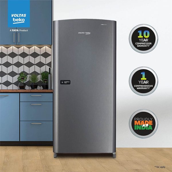 Voltas Beko RDC208E/S0XIR, 175 Litre 1 Star Single Door With Toughened Glass Shelves, Silver