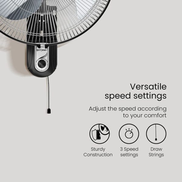 Crompton Wall Fan, 18 Inch Powerful Wall Fan with 100 CMM, 1400 RPM High Speed Delivery and 3 Speed Settings, Black, STORM 2