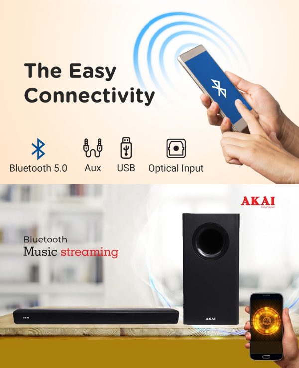 Akai SB140, 2.1 Channel Soundbar with 140 Watts Wired Subwoofer for Extra Deep Bass, Black