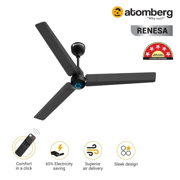 Atomberg 1200MM (48 Inch) BLDC Ceiling Fan with Remote Control and LED Indicators, Midnight Black, RENESA