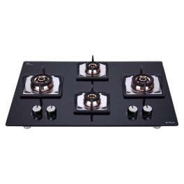 Elica 4 Burner Hob with Tempered Glass Top and 2 Medium and 2 Small Multiple Ring Brass Burners, Black, FLEXI FB HCT 470 DX