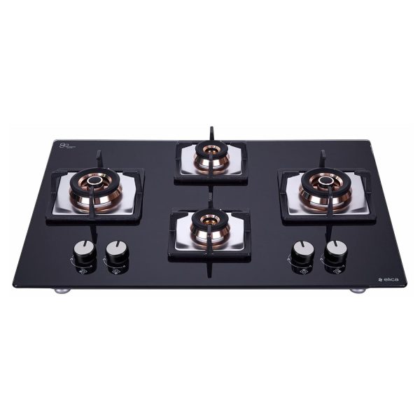 Elica 4 Burner Hob with Tempered Glass Top and 2 Medium and 2 Small Multiple Ring Brass Burners, Black, FLEXI FB HCT 470 DX