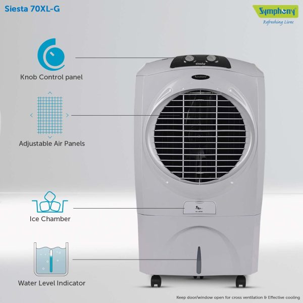 Symphony 70 Liter Desert Air Cooler with Honeycomb Pad and Powerful Fan, Grey, SIESTA 70XL