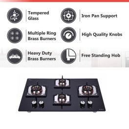 Elica 4 Burner Hob with Tempered Glass Top and 2 Medium and 2 Small Multiple Ring Brass Burners, Black, FLEXI FB HCT 470 DX