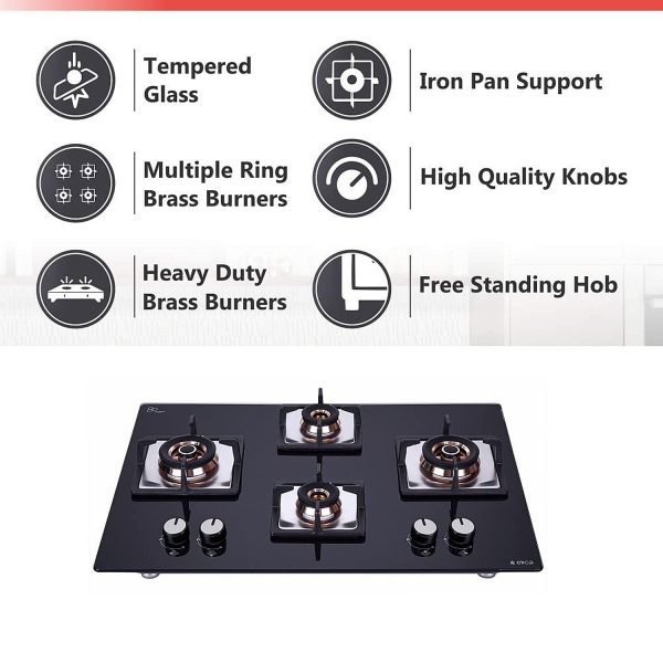 Elica 4 Burner Hob with Tempered Glass Top and 2 Medium and 2 Small Multiple Ring Brass Burners, Black, FLEXI FB HCT 470 DX
