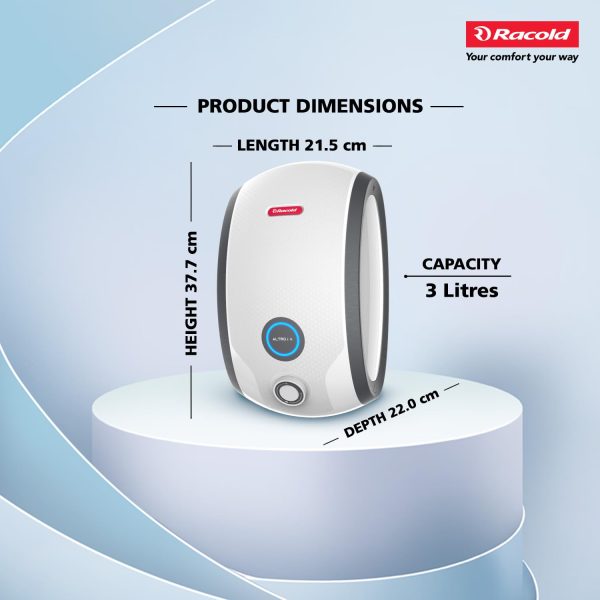 Racold Altroi+, 3 Litre 6.5 Pressure Bar 3000 W Instant Water Heater with Smart LED ring, Installation Pipe and Electric Plug, White