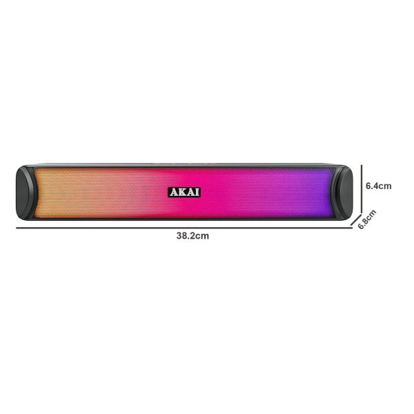 AKAI SB-20, 20 Watt Bluetooth Stereo Soundbar with Multicolour LED Light, Supporting BT V5.0, USB, SD Card, AUX, FM and 2000mAh Inbuilt Battery, Black