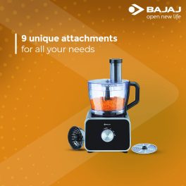 Bajaj FX-1000 Dlx, 1000 Watts Food Processor And Mixer Grinder With 9 Attachments, 100% Copper Motor, Processing Bowl With 3 Jars, Safety Interlock, Black