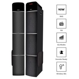 Akai TS-90, 90 Watts Wireless Bluetooth Dual Tower Speaker with Wireless Mic, Black