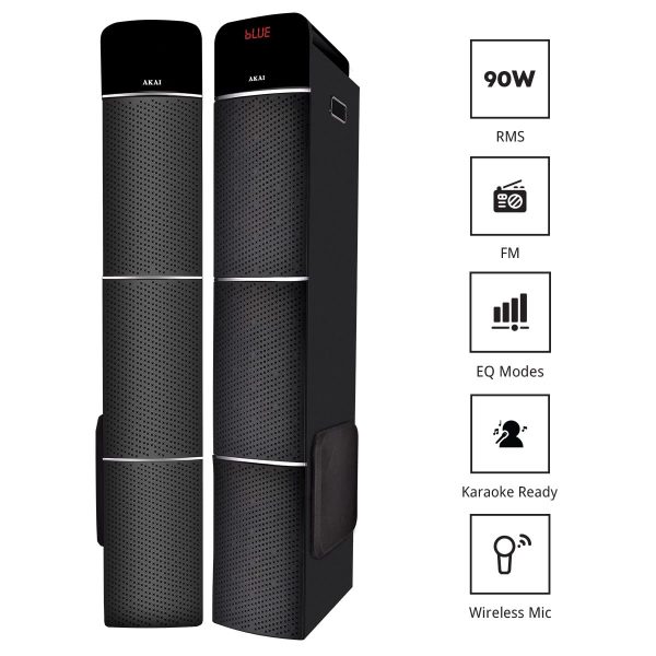 Akai TS-90, 90 Watts Wireless Bluetooth Dual Tower Speaker with Wireless Mic, Black