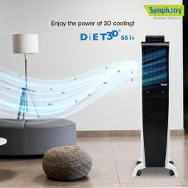 Symphony 55 Liter Tower Air Cooler with 3 Side Honeycomb Pad, Auto Pop-Up Touchscreen and Magnetic Remote, White/Black, DIET 3D 55I