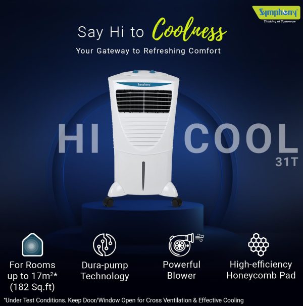 Symphony 31 Liter Personal Air Cooler with Honeycomb Pad & Blower, White, HICOOL 31T
