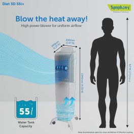 Symphony 55 Liter Tower Air Cooler with 3 Side Honeycomb Pad, Auto Pop-Up Touchscreen and Magnetic Remote, White/Black, DIET 3D 55I