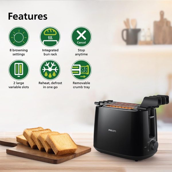 PHILIPS HD2583/90, 600 Watts Pop Up Toaster with Integrated bun Rack, Black