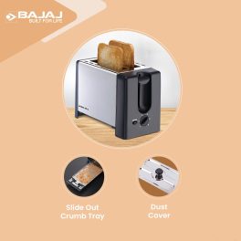 Bajaj 2 Slice Automatic Pop-Up Toasted with Dust Cover and Slide Out Crumb Tray, Silver/Black, ATX-3