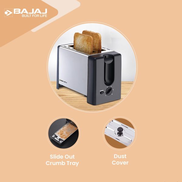 Bajaj 2 Slice Automatic Pop-Up Toasted with Dust Cover and Slide Out Crumb Tray, Silver/Black, ATX-3