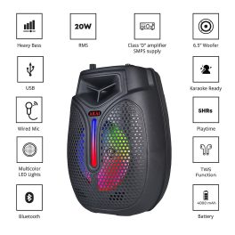 Akai PM20P, 20 Watts Portable Party Speaker with 4000 mAh Battery and Karoke Mic, Black
