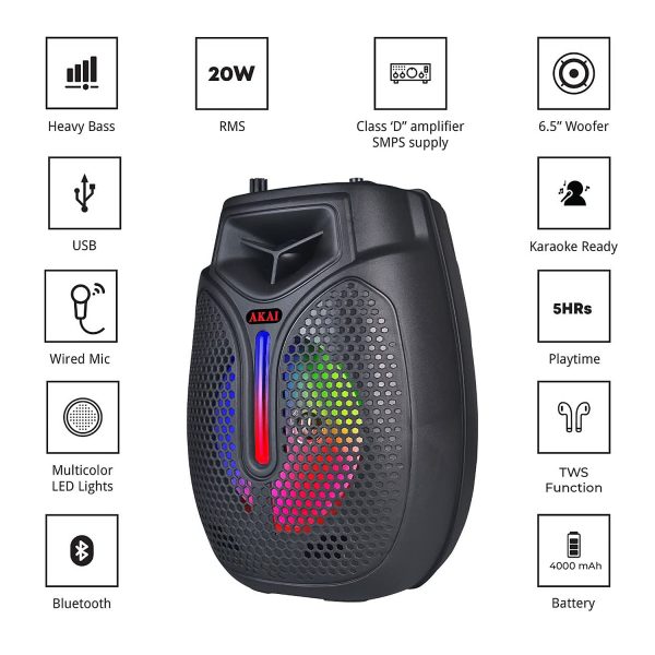 Akai PM20P, 20 Watts Portable Party Speaker with 4000 mAh Battery and Karoke Mic, Black