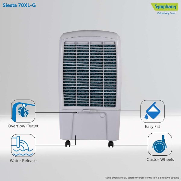Symphony 70 Liter Desert Air Cooler with Honeycomb Pad and Powerful Fan, Grey, SIESTA 70XL