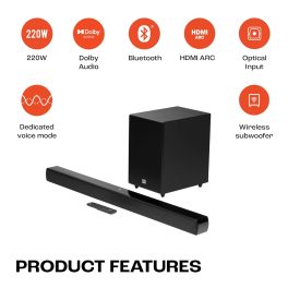 JBL 220 Watt Dolby Digital Soundbar with 2.1 Channel Wireless Subwoofer for Extre Deep Bass, Black, SB170