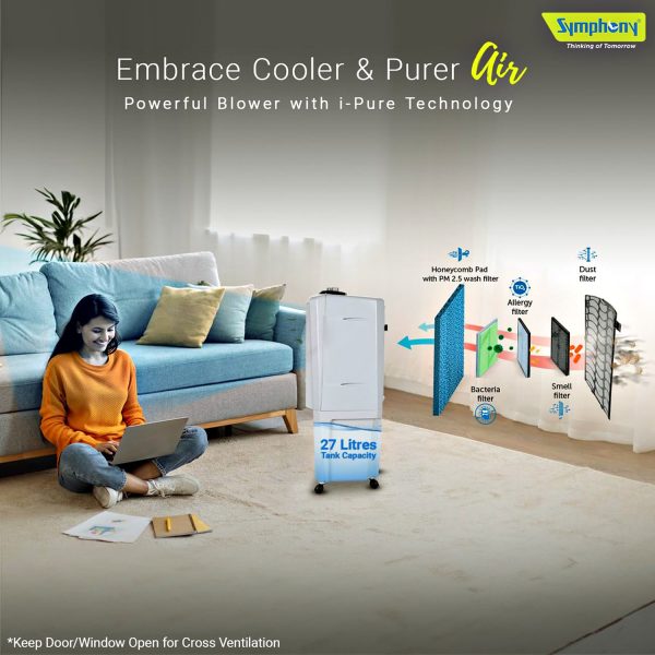 Symphony 27 Liter Personal Air Cooler with Honeycomb Pad and Powerful Fan, Grey, HIFLO 27