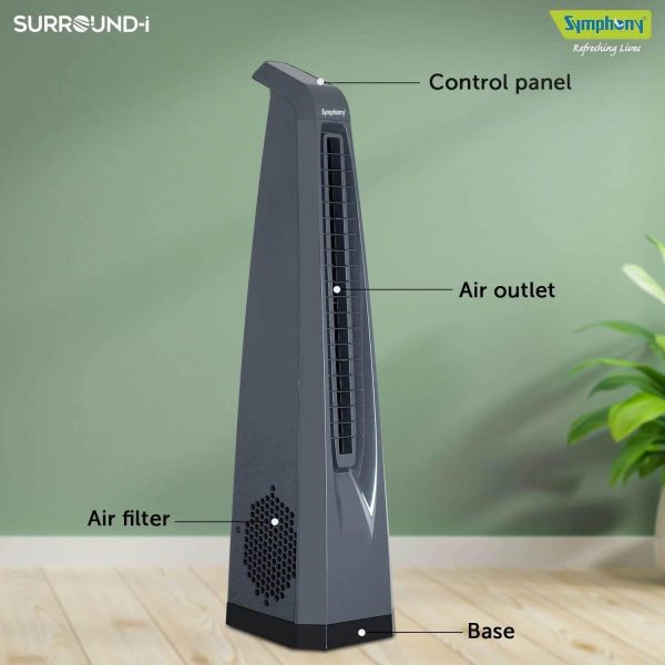 Symphony Tower Fan with Remote, Touchscreen Control Panel & Swivel Action, Grey, Surround-I