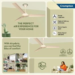 Crompton 1200MM (48 Inch) Ceiling fan with Anti Rust and High Velocity, Ivory, ARIYA BRIZ