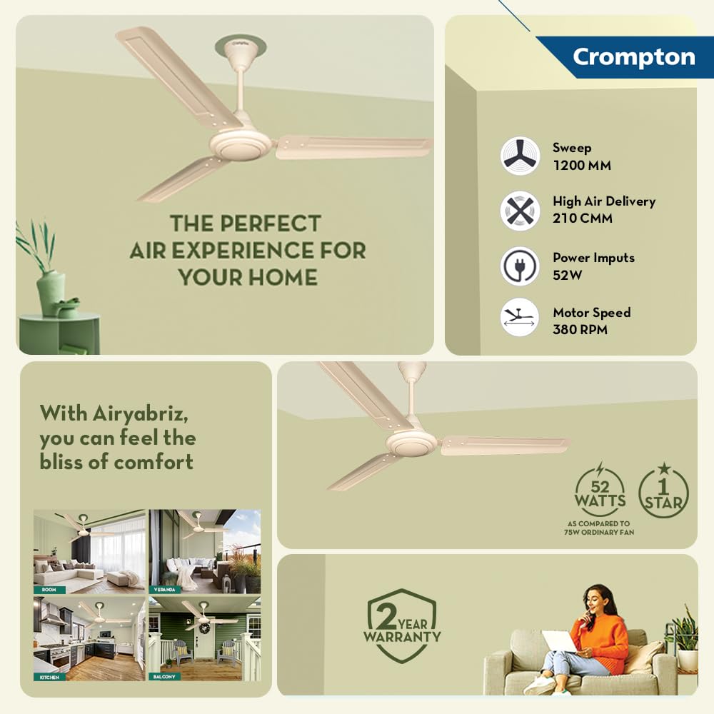 Crompton 1200MM (48 Inch) Ceiling fan with Anti Rust and High Velocity, Ivory, ARIYA BRIZ Crompton 1200MM (48 Inch) Ceiling fan with Anti Rust and High Velocity, Ivory, ARIYA BRIZ