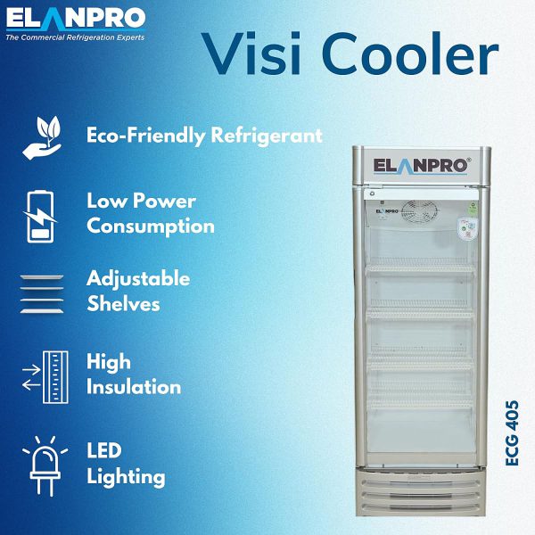 Elanpro 400 Litre Single Door Visi Cooler with LED Lighting and Adjustable Shelves, White, ECG405