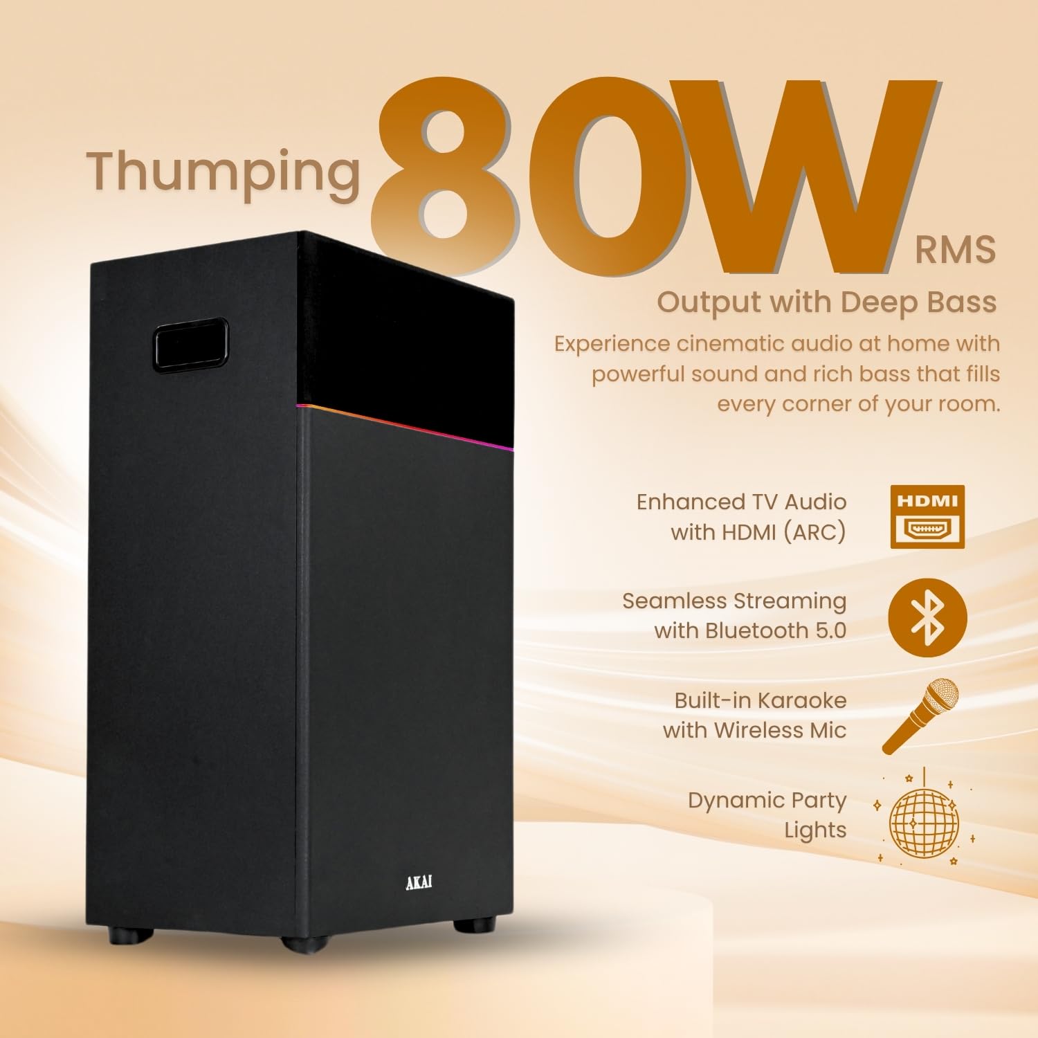 Akai 80 Watt Bluetooth Party Speaker with Wireless Mic and Multi-Color LED Light, Black, PM80B Akai 80 Watt Bluetooth Party Speaker with Wireless Mic and Multi-Color LED Light, Black, PM80B