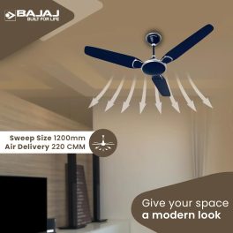 Bajaj 1200MM (48 Inch) Ceiling Fan with 100% Copper Motor and Alluminium Blades, Celestial Blue, TRENDY EE