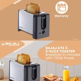 Bajaj 2 Slice Automatic Pop-Up Toasted with Dust Cover and Slide Out Crumb Tray, Silver/Black, ATX-3