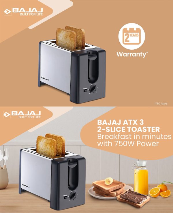 Bajaj 2 Slice Automatic Pop-Up Toasted with Dust Cover and Slide Out Crumb Tray, Silver/Black, ATX-3