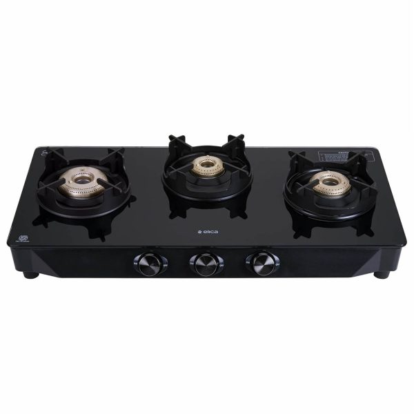Elica Crest 370J Nero, 3 Burner Stove with Crown Pan Support and Forged Brass Burner, Black