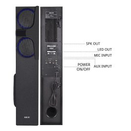Akai TS-160, 160 Watts Wireless Bluetooth Dual Tower Speaker with Wireless Mic, Black