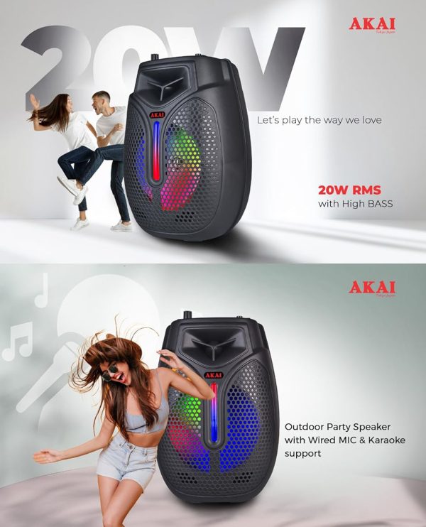 Akai PM20P, 20 Watts Portable Party Speaker with 4000 mAh Battery and Karoke Mic, Black