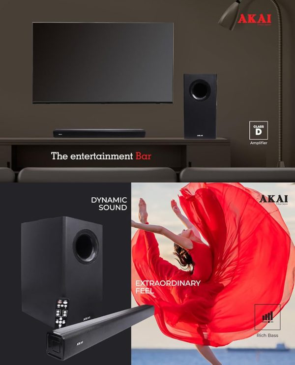 Akai SB140, 2.1 Channel Soundbar with 140 Watts Wired Subwoofer for Extra Deep Bass, Black
