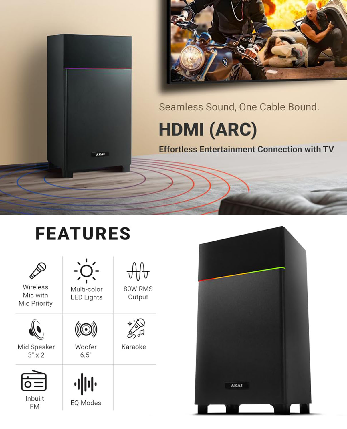 Akai 80 Watt Bluetooth Party Speaker with Wireless Mic and Multi-Color LED Light, Black, PM80B Akai 80 Watt Bluetooth Party Speaker with Wireless Mic and Multi-Color LED Light, Black, PM80B