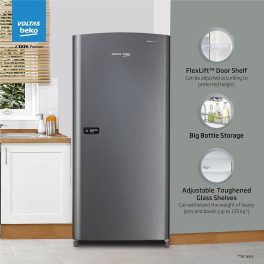 Voltas Beko RDC208E/S0XIR, 175 Litre 1 Star Single Door With Toughened Glass Shelves, Silver