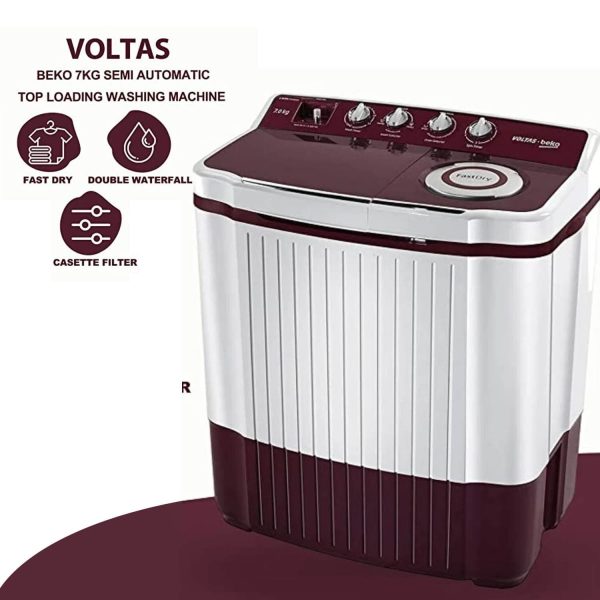 Voltas Beko WTT70DLIM, 7 KG Semi Automatic Machine with 3 Wash Programes and Two Way Waterfall, Burgandy