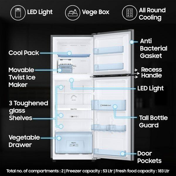 Samsung 236L Double Door Refrigerator (RT28C3021GS/HL, Grey Silver)
